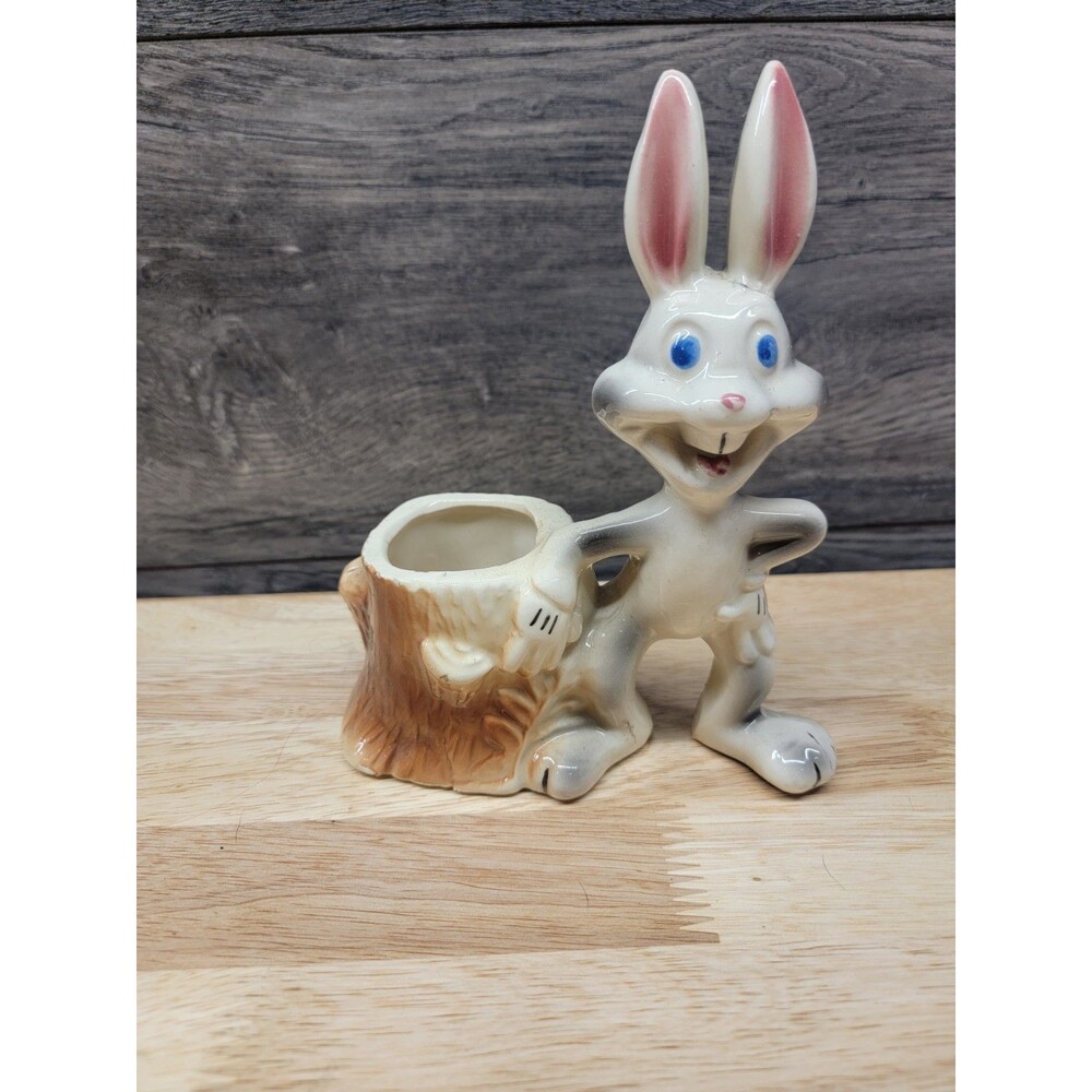 Vtg Warner Bros Looney Tunes Bugs Bunny & Stump Ceramic Planter Pencil Holder